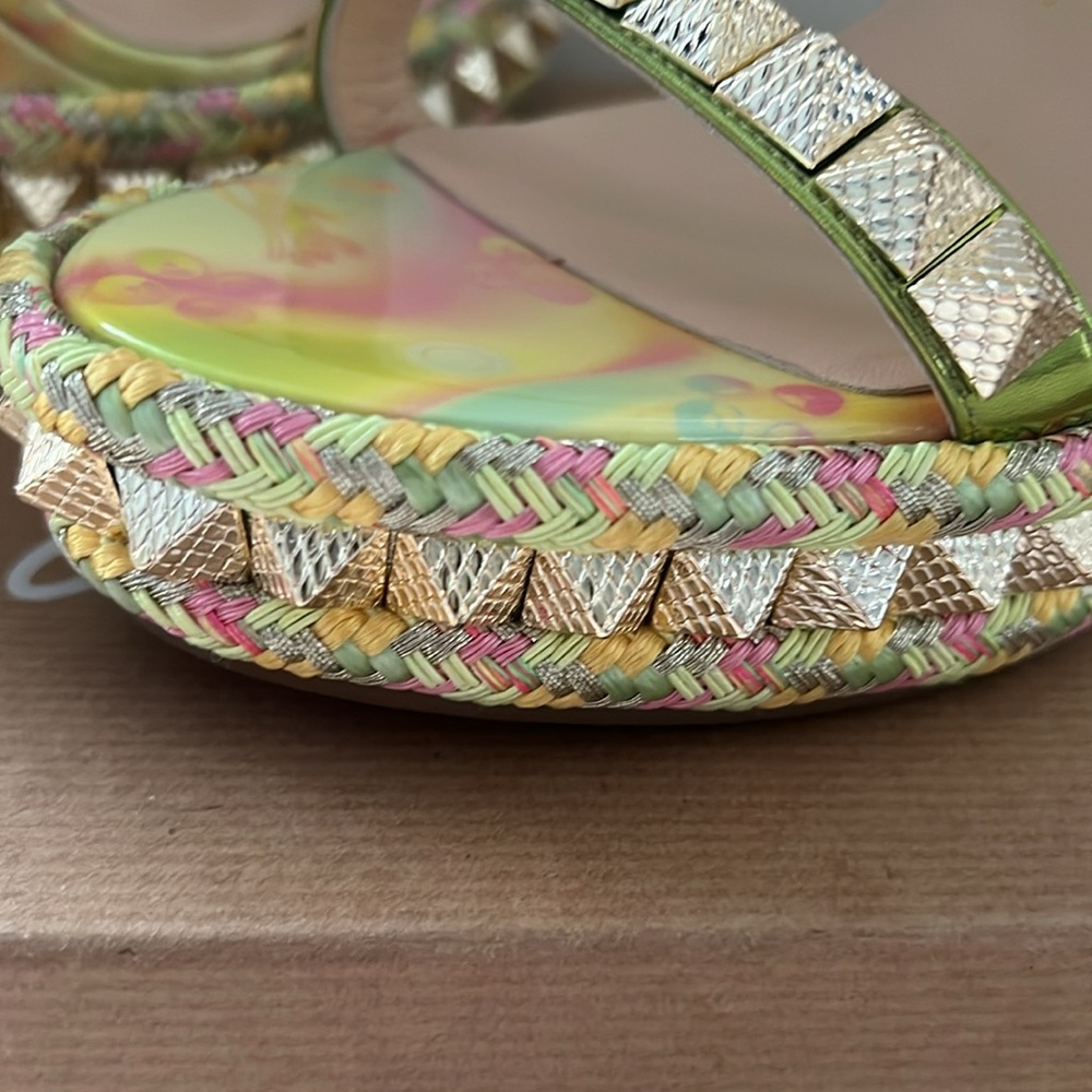 New Christian Louboutin Green Wedge Sandals Studded Italy Size 37 AUTHENTIC - Picture 2 of 11